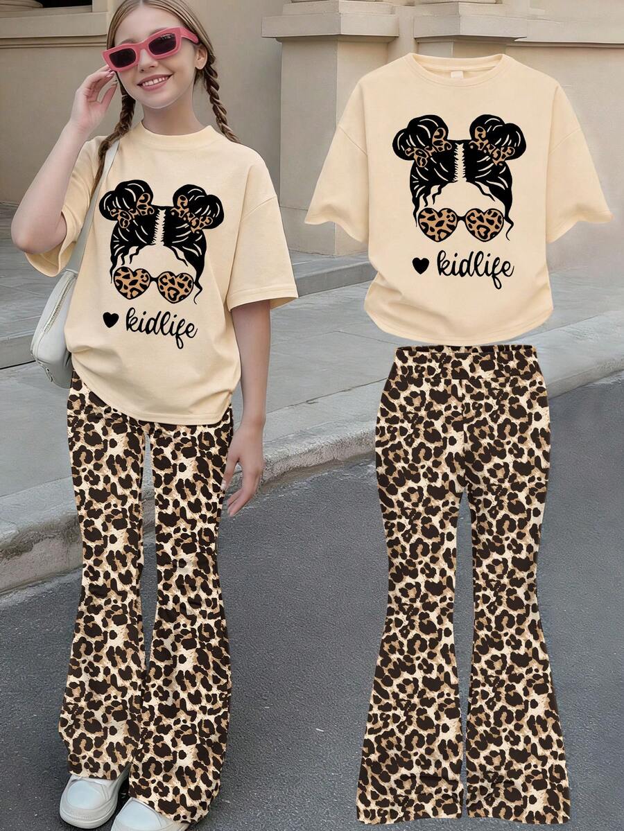 两件套豹纹美学套装，卡通女孩与豹纹图案，上衣和裤子套装，适合休闲聚会、放松和日常穿着。 - 杏色 - 查看 1