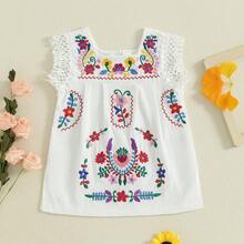 Toddler Baby Infant Girls Summer Cotton Linen Boho Dress Floral Embroidery Square Neck Lace Ruffle Fly Sleeve Sleeveless Summer Beach Sundress Vacation Bohemian Dress A-Line Dress - 白色 - 查看 3