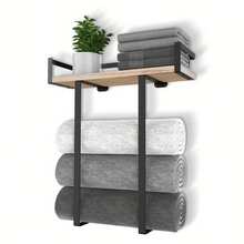 Wall-Mounted Towel Rack With Wooden Shelf Easy Installation Includes All Hardware Multi-Purpose Towel Organiser For Bathroom Kitchen Entryway Small Flat Home Daily Organisation - 黑色 - 查看 9