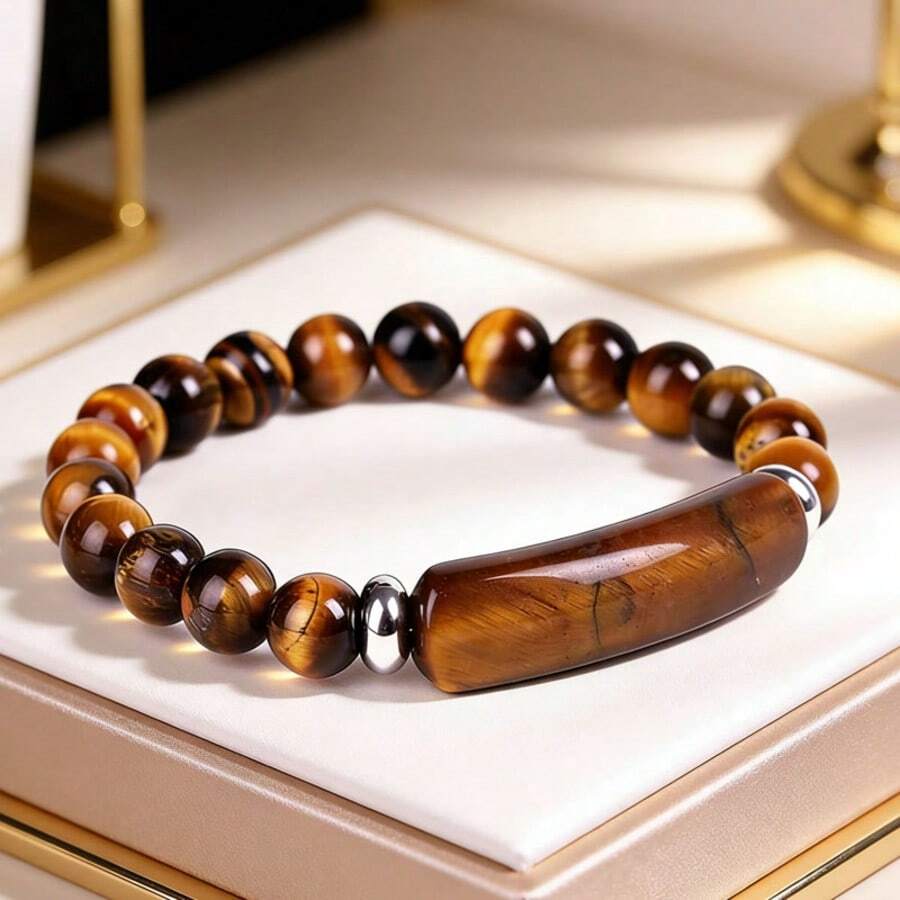 1pc Men's Natural Gemstone Bracelet, Suitable For Daily Wear - Coffee Brown - View 1