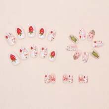 24pcs Short Round Press On Fake Nails Pink Flower French Fake Nails Women Spring Nails - Multicolor - View 3