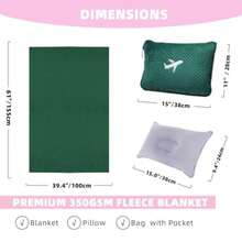 3 in 1 Travel Blanket Pillow Set - 350 GSM Thick Travel Blanket Airplane Compact with Bag Soft Bag with a Pocket Inflatable Travel Pillow for Camping and Car Trip Dark Green - Verde Oscuro - Ver 3