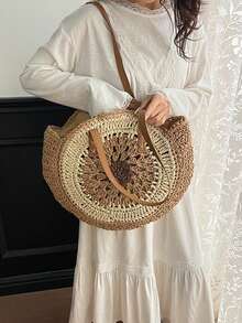 Sac de plage rond classique tressé pour femmes, sac bandoulière en paille, sac à main pour femmes, accessoires de plage, fournitures de plage, nécessité d'été, sac de vacances, élément essentiel des vacances, parfait pour les voyages, les vacances et la plage - Marron - Voir 5