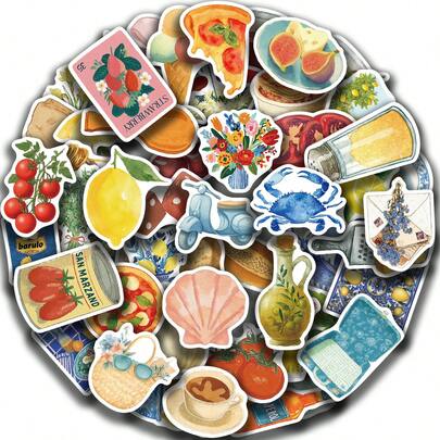 54pcs Mediterranean Style Stickers, Creative Graffiti Stickers, Office Supplies, Mobile Phone And Computer Stickers, High-Value, Durable, Exquisite, Cool Stickers, Fun, Classic, Colorful Cartoon Designs, Gift Decorations, Phone Case Decorations, Reusable, Colorful Cartoon Designs, Suitable For Water Bottles, Skateboards, Mobile Phones, Etc., Perfect For School Supplies And A Top Choice For Holiday Gifts.