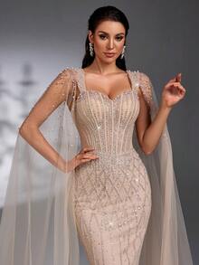 IBTRLY New Elegant Luxurious Rhinestone Bubble Pearl Sequin Mermaid Evening Gown With Bubble Pearl Rhinestone Embellished Sleeves, Suitable For Red Carpet Events, Luxury Weddings, Galas, Art Gallery Openings, Parties, Wedding Guest Attire, Formal Occasions Party Spring - Apricot - View 11