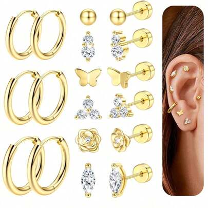Diamday 9 pares de pendientes de botón de acero inoxidable quirúrgico de espalda plana para mujeres, juegos de pendientes para cartílago para múltiples perforaciones