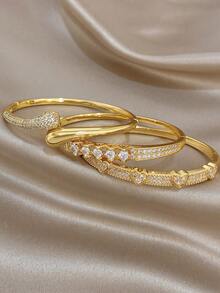 18K Gold Plated Anti-Fading Elegant Heart Sparkling Zirconia Twisted Knot Bangle Bracelet Set, Gifts For Mom, For Daily Wear, Weddings, Suitable For Daily Life, Parties, Dates, Beach, Beach Jewelry, Mother's Day Gift, Valentine's Day Gifts, Spring, Wedding Supplies, Summer Accessories - Multicolor - View 6