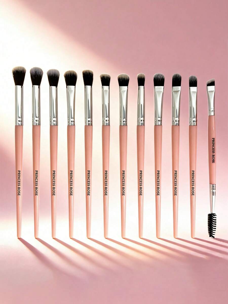 Princess Rose 12PCS Pink Makeup Brush Set – Includes Smudge Brush, Lip Brush, Concealer Brush, Large Eyeshadow Brush, Medium Eyeshadow Brush, Detail Eyeshadow Brush, Eyebrow Brush, Eyebrow Comb, Small Eyeshadow Brush, Made Of Soft Fiber, Skin-Friendly & Easy To Apply - Pink - View 1