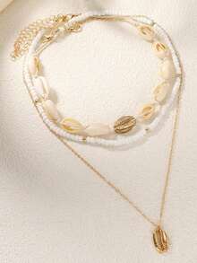 3pcs/Set Fashion Shell Beaded Woven Necklace, Suitable For Beach, Vacation, Party And Daily Wear - Beige - View 4