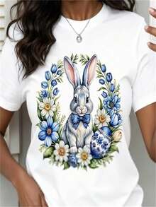 1PC Women's Casual Short Sleeve T-Shirt|Blue Rabbit Surrounded By Flower Wreath|100% Cotton Crew Neck|Suitable For Spring,Summer And Autumn - White - View 1