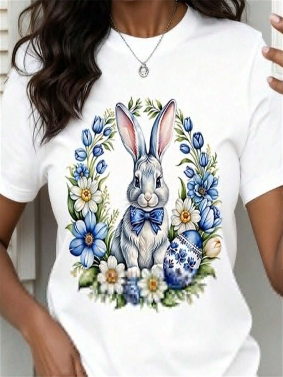 1PC Women's Casual Short Sleeve T-Shirt|Blue Rabbit Surrounded By Flower Wreath|100% Cotton Crew Neck|Suitable For Spring,Summer And Autumn - White - View 1