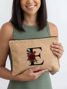 1pc A-Z Letter & Floral Print Cosmetic Bag, Lightweight Travel Toiletry Organizer - Multicolor - View 12