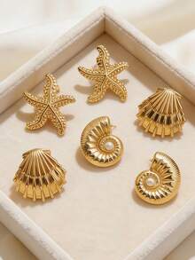 1 Set/6pcs - Bold Gold Statement Women's Earrings - Summer Beach Vacation Earring Set, Including Precious Shell Earrings, Starfish Earrings And Shell Earrings - Multicolor - View 5