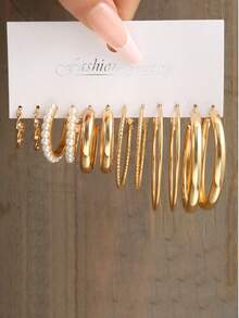 72/60/48/24/12pcs Set Fashionable Elegant Bohemian Geometric Faux Pearl C-Shaped Hoop Earrings, Suitable For Daily Wear, Party, Vacation, Wedding, Music Festival In Summer, Random Styles, Great Gift For Birthday - Yellow Gold - View 5