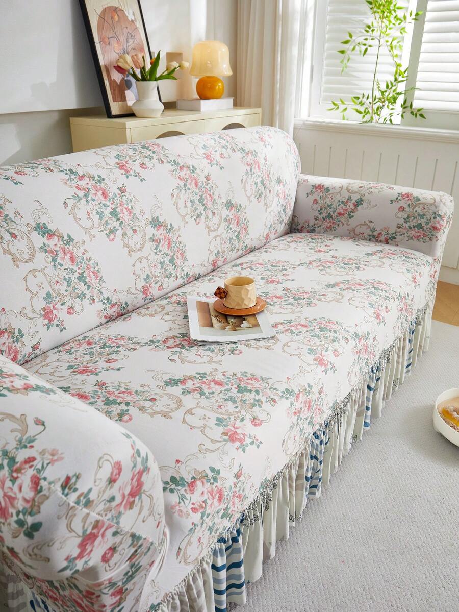 1件装牛奶丝面料防滑弹力装饰沙发裙，适合母亲节、婚礼季等场合，柔和清新的粉彩花卉复古乡村风格，优雅印花图案，宠物友好防尘沙发套，可选1/2/3/4座尺寸，四季皆宜。