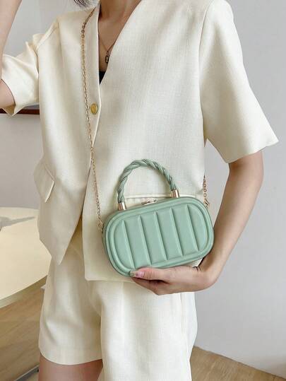 Solid Color PU Striped Embossed Vertical Stripe Fashionable Oval Twist Metal Handle City Tote Bag For Women