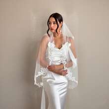 1 pieza Velo de novia de una sola capa con encaje, velo con adorno de encaje romántico, adecuado para fotografía de boda - A - Ver 7