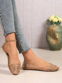 夏季闪亮镂空芭蕾平底鞋，透明镂空果冻鞋，适合海滩度假 - 金色 - 查看 6