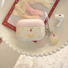 Pink Plaid Cherry Cake + Pendant Earphone Case Compatible With Apple Pro 3/Pro 2/ 4/3/2, Fashion Women Earphone Case, Minimalist Earphone Case - Off White - View 9