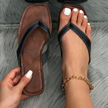 女士春夏时尚平底凉鞋，可爱沙滩拖鞋，黑白简约凉鞋，皮革编织平底人字拖 - 黑色 - 查看 9