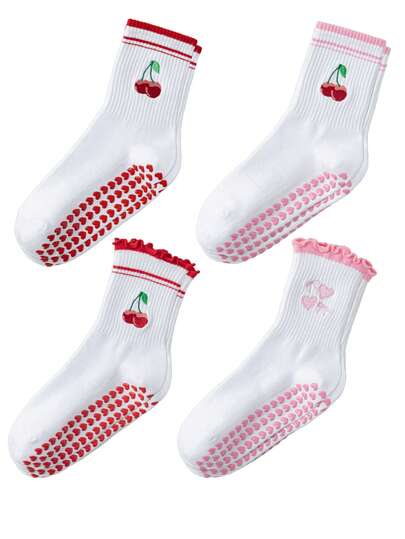 卡通樱桃图案女士瑜伽袜，白色中筒袜，专业防滑健身普拉提运动袜