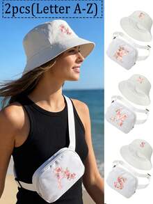 Women's Fashionable Outdoor Waist Pack, White Sun Hat Features A Unique Pink Rose Design And Lettering. Running Waist Bag, Women's Crossbody Chest Bag With Adjustable Shoulder Strap, Suitable For Daily Use, Outdoors,Travel Essential - Multicolor - View 2