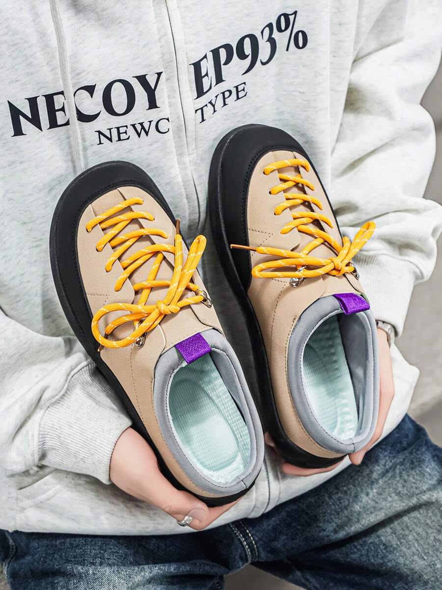 【新品】男士春夏时尚休闲一脚蹬乐福鞋,撞色平底系带装饰,青少年休闲鞋,大码47.5码 - 卡其色 - 查看 1