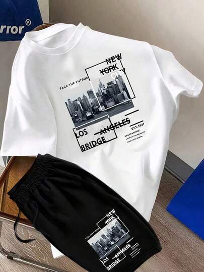 This Set Of White T-Shirt, Black Shorts And Round Neck Short Sleeve Casual T-Shirt With Letter Pattern, Paired With Drawstring Waist Shorts, Is A Fashionable And Cool Summer Outfit, Very Suitable For Teenagers To Wear, And Also A Perfect Gift For Family And Friends.