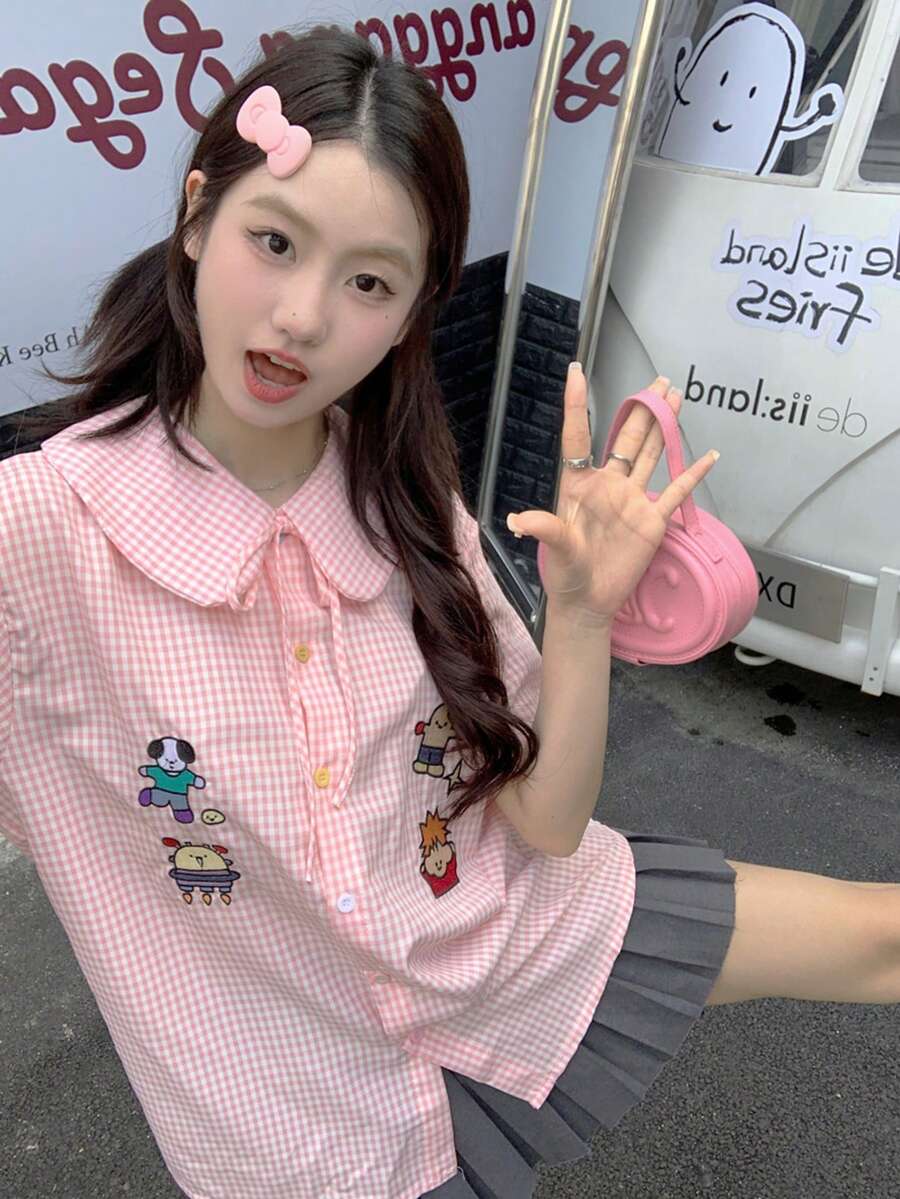 新款春夏女士格子彼得潘领短袖衬衫，刺绣系带休闲甜美格子衬衫 - 粉色 - 查看 1