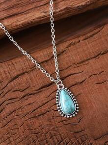 Vintage Turquoise Teardrop Pendant Necklace, Bohemian Style Minimalist Necklace Accessory, Gift - Colorful - View 5