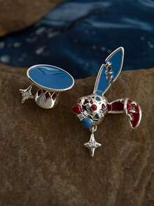 一对原创珐琅滴油兔子戴帽耳环，925银针，镶嵌立方氧化锆，红蓝滴油，女士甜美清爽风格耳环，复活节/派对配饰，礼品 - 彩色 - 查看 1