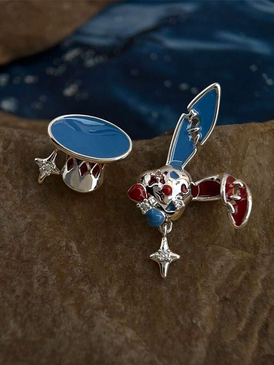 一对原创珐琅滴油兔子戴帽耳环，925银针，镶嵌立方氧化锆，红蓝滴油，女士甜美清爽风格耳环，复活节/派对配饰，礼品 - 彩色 - 查看 1
