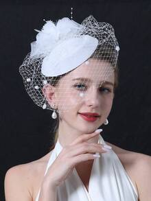 1pc 20s/50s Women's Mini Hat With Veil, Tea Party Headpiece Suitable For Girls And Ladies - White - View 5
