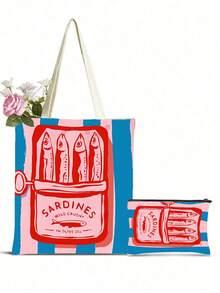 1件装女士可重复使用手提袋、手提包和化妆包套装 - 色彩缤纷的简约粉绿条纹沙丁鱼罐头印花涤纶购物袋，固定肩带设计，适合海滩、野餐、购物和食品收纳，可折叠手提袋，多功能，多用途，大容量，轻便，实用，多用途，可赠送亲朋好友日常使用，适合通勤、旅行、海滩度假、校园日常、返校礼物 - 彩色 - 查看 10