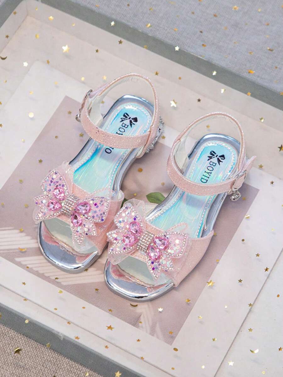1双女童公主凉鞋，儿童夏季凉鞋，水钻蝴蝶结公主鞋，粉紫色亮片表演鞋 - 粉色 - 查看 1