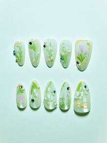 10片装杏仁形短款按压式美甲套装，绿色花卉图案，亮面，3D水钻设计，可拆卸甜美兰花风格假指甲 - 彩色 - 查看 4