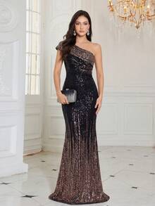 UNITHORSE [Random Cut] Women's Elegant Party Evening Dress With Gradient Sequin Patchwork Asymmetric Neckline - Black - View 1