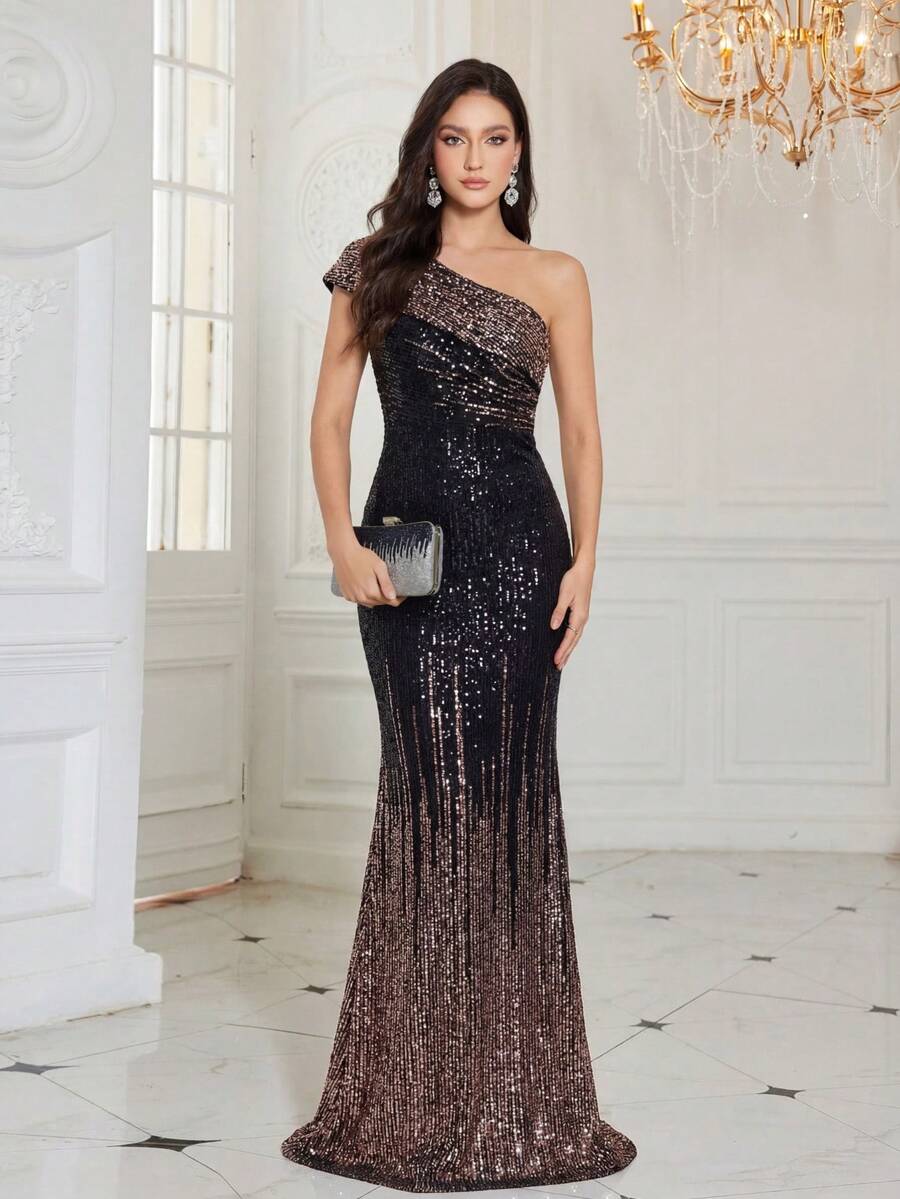 UNITHORSE [Random Cut] Women's Elegant Party Evening Dress With Gradient Sequin Patchwork Asymmetric Neckline - Black - View 1