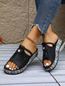 2026夏季新款时尚厚底露趾沙滩拖鞋，性感度假休闲女士凉鞋 - 黑色 - 查看 1