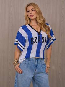 Oversized Brazilian Women's Knit Blouse, Summer Fashion, 3/4 Sleeve Knit Top, V-Neck, Textured Fabric - 白色和藍色 - 查看 5
