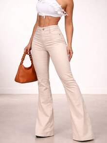 Women's High Waisted Nude Beige Flare Bell Bottom Pants With Lycra - 米色 - 查看 3
