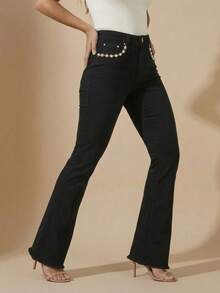 pthirillo Women's Black Flare Jeans With High-Waisted Butt-Lifting Effect And Rhinestone Detail. - 我口袋裡的水鑽 - 查看 9