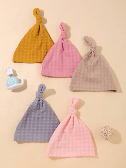 5件套纯色华夫格纹打结柔软可爱婴儿头饰帽，适合新生儿，春、夏、秋、冬四季日常佩戴。