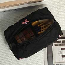1个可爱粉色蝴蝶结化妆包，黑色绗缝底座化妆工具袋，柔软面料，旅行必备，手提包，适合居家收纳，收纳袋，节日礼物，化妆包，旅行必备 - 黑色 - 查看 10