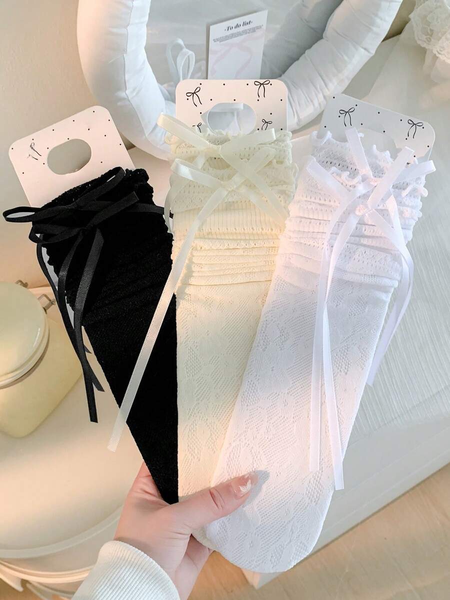 1/3 Pairs Spring/Summer Thin Knee-High Socks, Ballerina Style Mid-Calf Socks, Lolita Bow Socks, Mesh Hollow Stockings, Backless Socks, Lace Straight Tube Socks - Multicolor - View 1