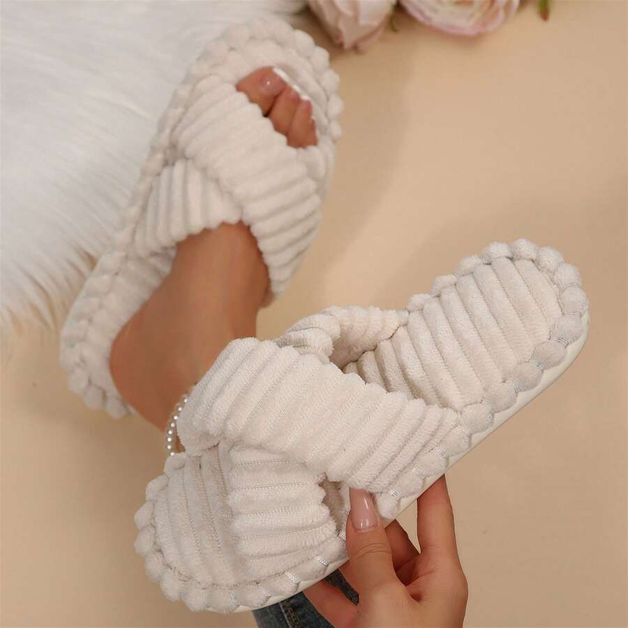 Slippers For Women Fall Winter Memory Foam Open Toe Slide Indoor Outdoor House Shoes Cotton Fuzzy Bedroom Slippers - 卡其色 - 查看 1