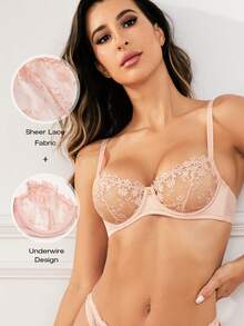 Wingslove Women's Lace Embroidery Unlined Sheer Mesh Breathable Bra - Baby Pink - View 3