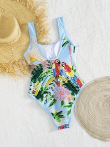 QKJ Bộ đồ bơi liền thân in hình cây cọ và vẹt gợi cảm mới năm 2026, thích hợp cho kỳ nghỉ biển, bikini sexy, trang phục đi nghỉ mát cho nữ, trang phục đi biển cho nữ, trang phục mùa hè cho nữ, đồ bơi cho nữ. - Màu xanh nhạt - Xem 3