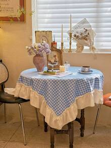 1 pieza Mantel con volantes estilo clásico americano, con parches de encaje y cuadros azules al estilo coreano dulce, adecuado para el Día de San Valentín, bodas y decoración del hogar - Multicolor - Ver 3
