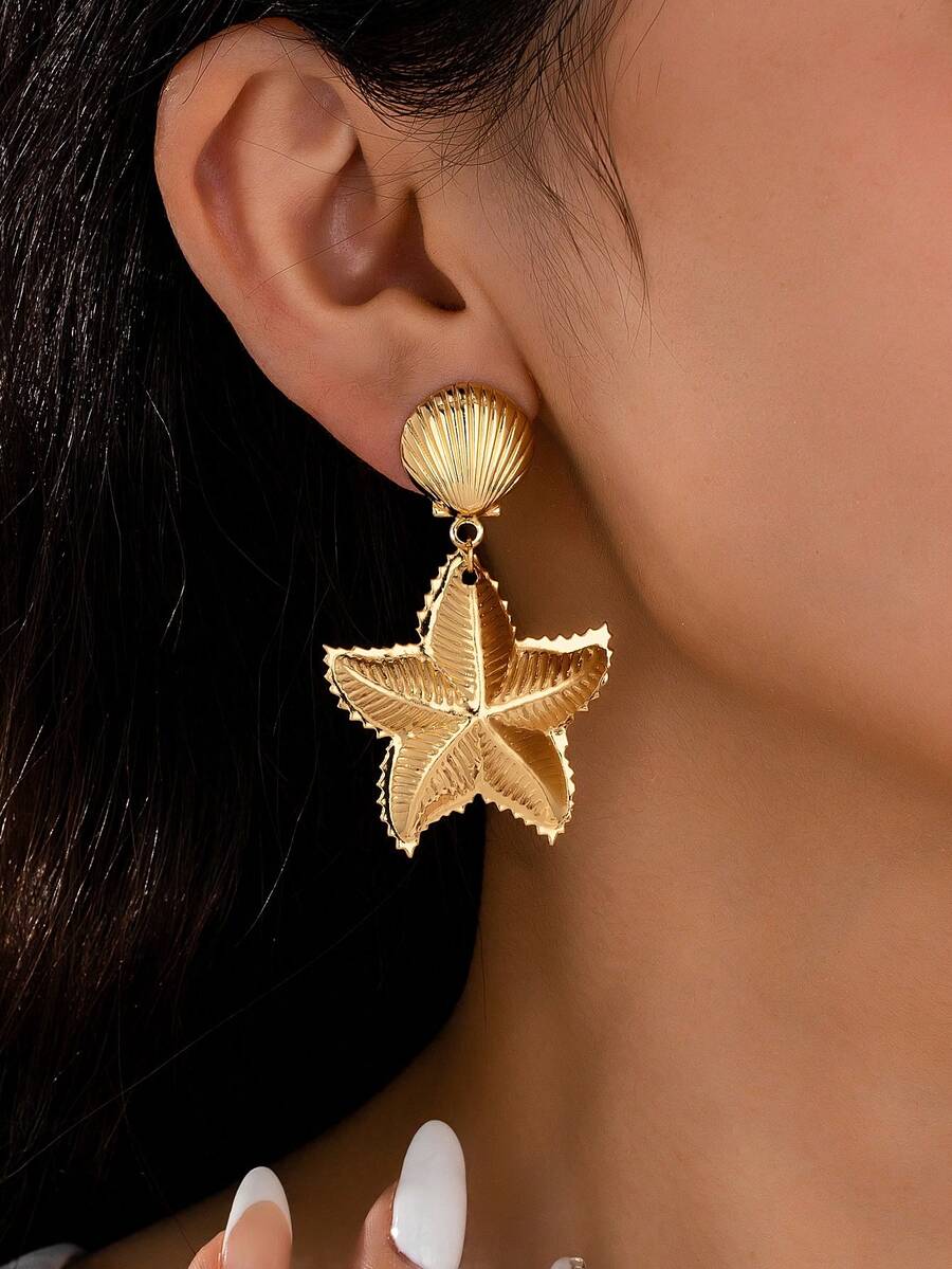 1 Pair Metal Shell Starfish Drop Earrings, Summer Beach Vacation Jewelry - Yellow Gold - View 1
